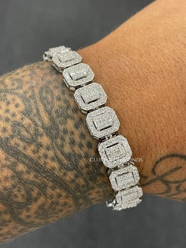 10MM Baguette Cut Moissanite Cluster Halo Tennis Bracelet 925 Sterling Silver