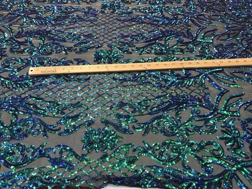 IRIDESCENT GREEN SEQUINDAMASK DESIGN EMBROIDERY ON A 4 WAY STRETCH MESH-BY YARD - Picture 6 of 9