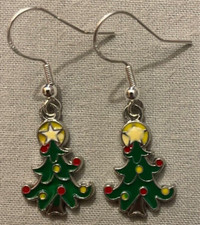CHRISTMAS TREE EARRINGS - Enamel with Sterling Silver Ear Wires HOLIDAY