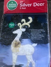 5 Foot Winter Wonder Silver Deer Buck Christmas Holiday Yard Art 150 Lights NEW
