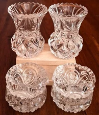 Clear Vintage Set 4 Cut Crystal Glass Salt Cellars & 2 Crystal Toothpick Holders