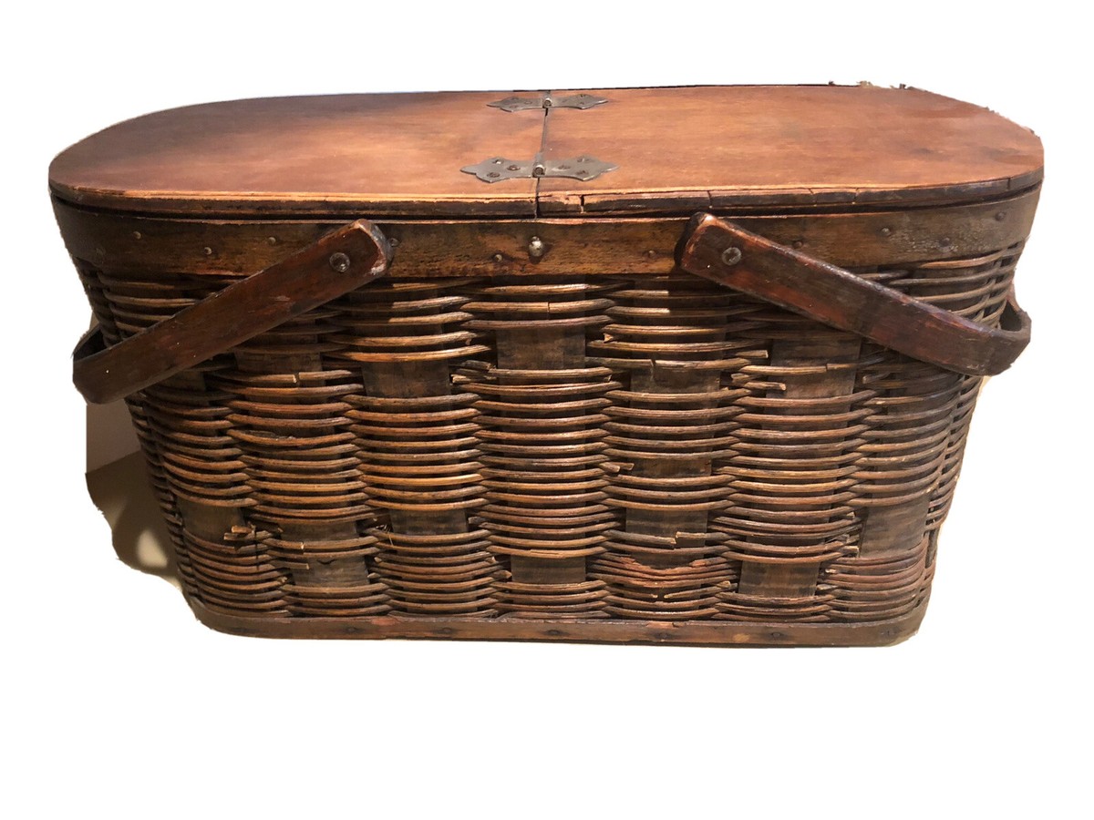 Vintage Wood Picnic Basket with Metal Interior | eBay