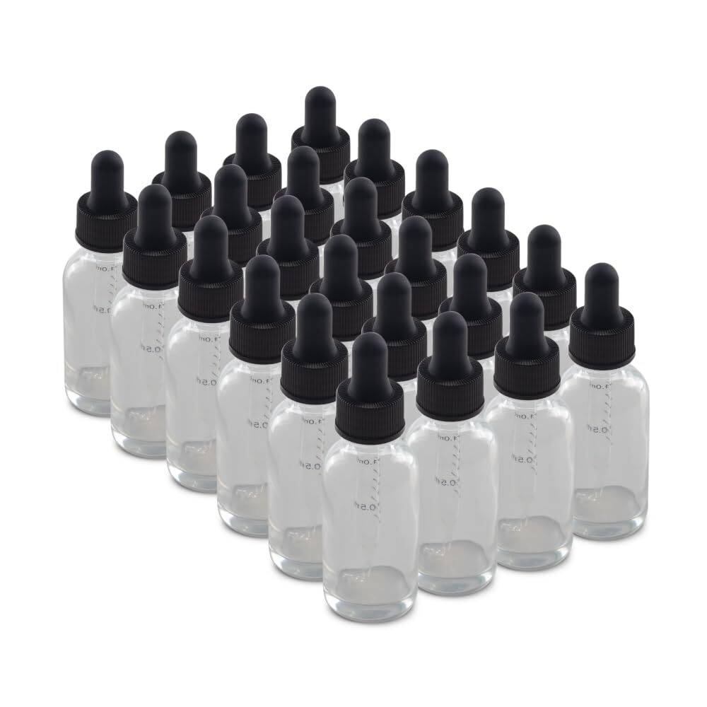 - 24 Pack - 1 oz Glass Bottle with Dropper - Clear - 20-400 Neck Finish - Bos...