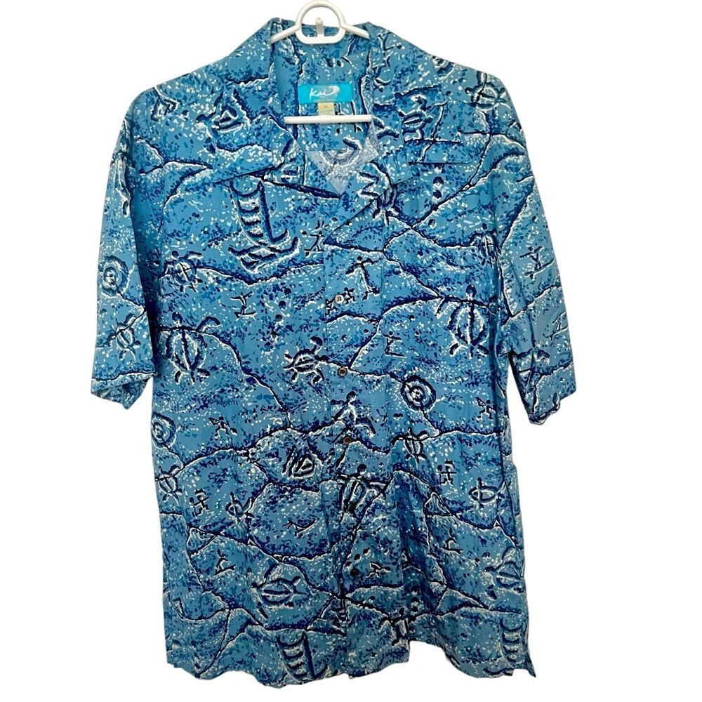 Kai Hawaiian Button-Up Shirt Men's Size XL Geometric Turtle Short Sleeve Blue