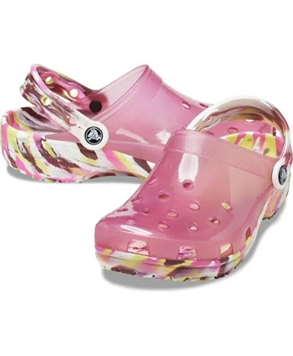 Crocs Transparent Clog Womens Size 12 Pink Marbled Slip On 