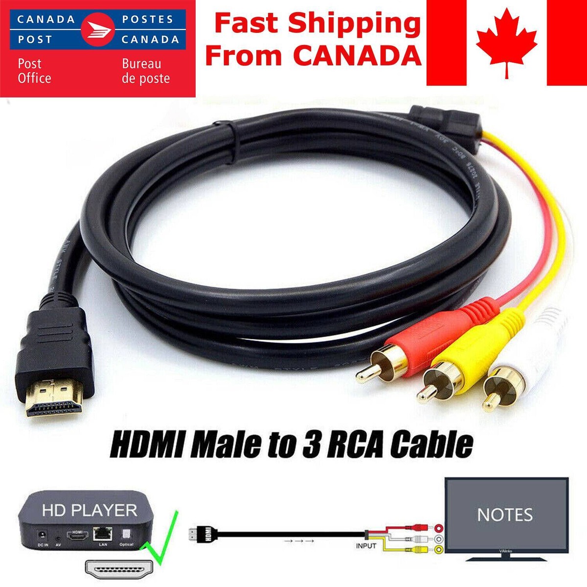 HDMI Male to RCA RGB Male AV Video Audio Adapter Cable For DVD