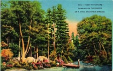 Next To Nature Camping Banks Cool Mountain Stream Linen Postcard VTG UNP Vintage