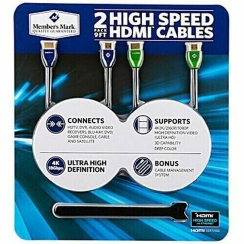 Member's Mark HDMI Cables High Speed UltraHD 24K Gold Plated Connectors 9Ft 2Pk