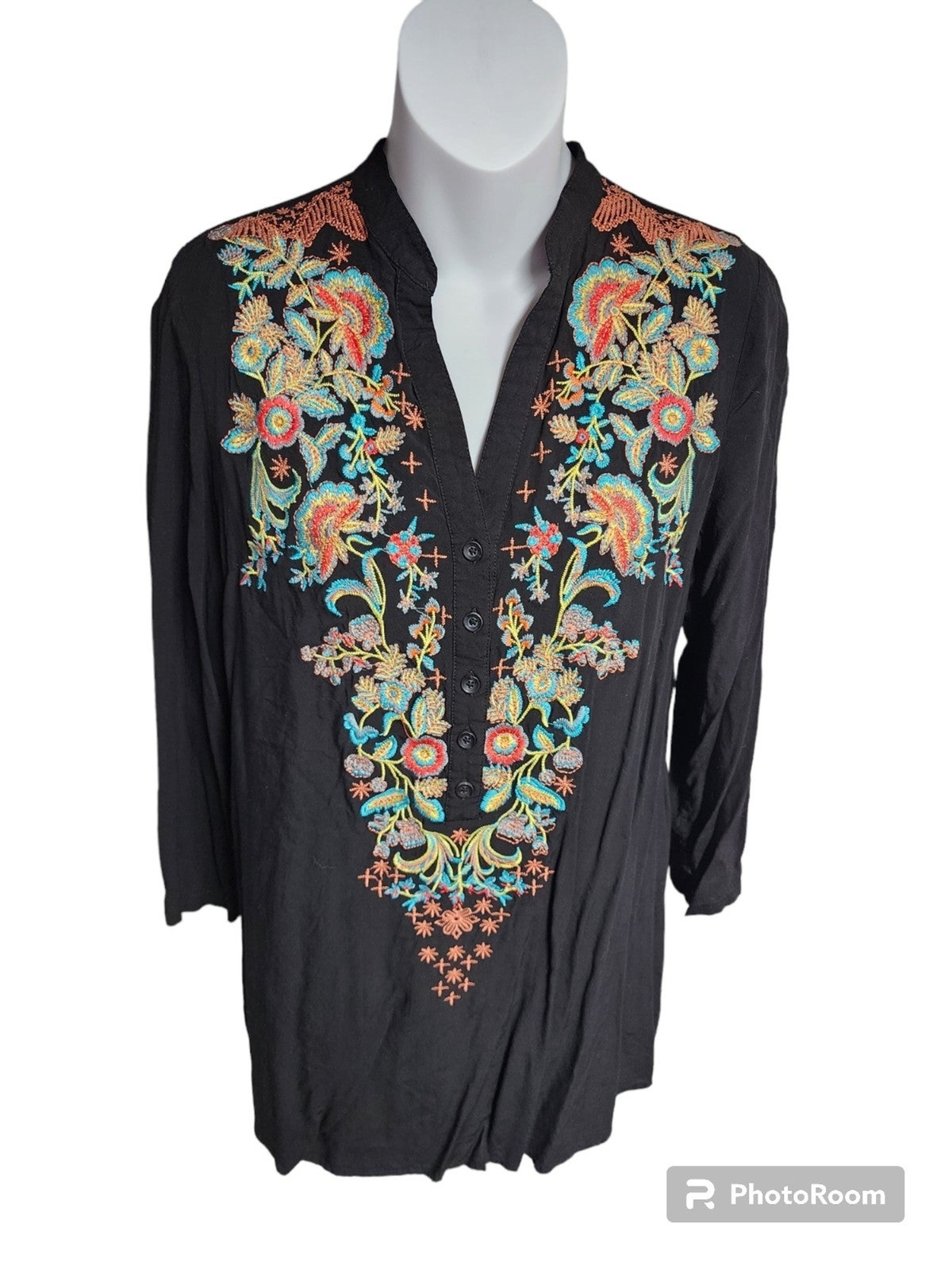 Solitaire Black Button Down Embroidered Tunic blo… - image 2