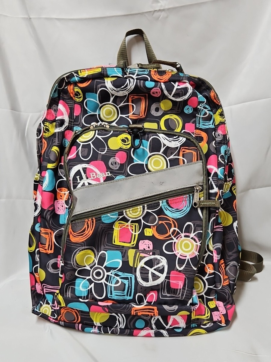 LL Bean Backpack Multicolor Peace Sign Flowers Full Size