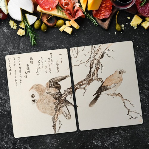 Lot De 2 Planches à Découper En Verre Trempé Coloray – Thème Branches Asiatique Oiseau Bairei Gakan