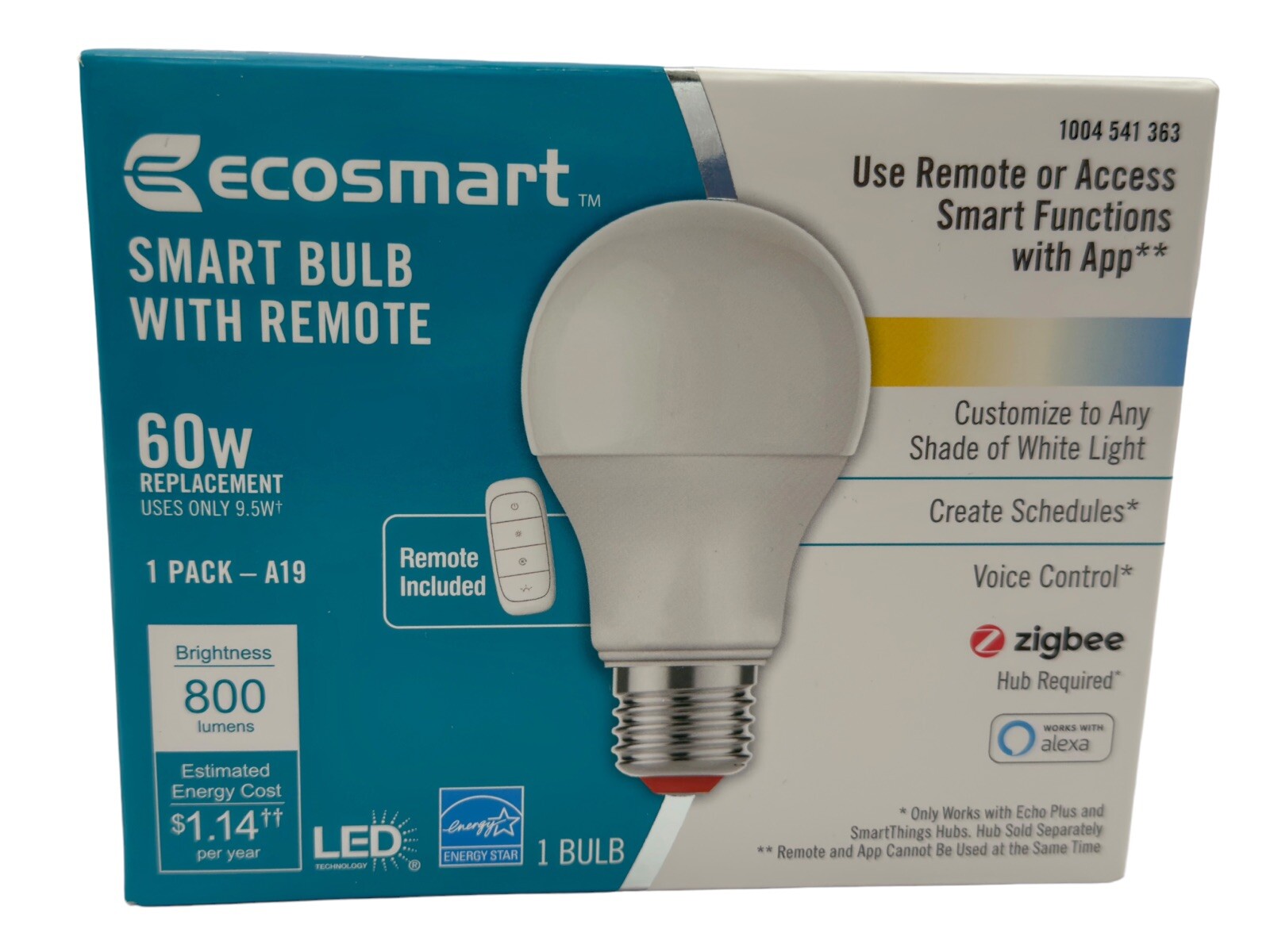 EcoSmart Smart Bulb w/ Remote - Color Temp, Zigbee, Echo, Alexa, SmartThings 60W-image