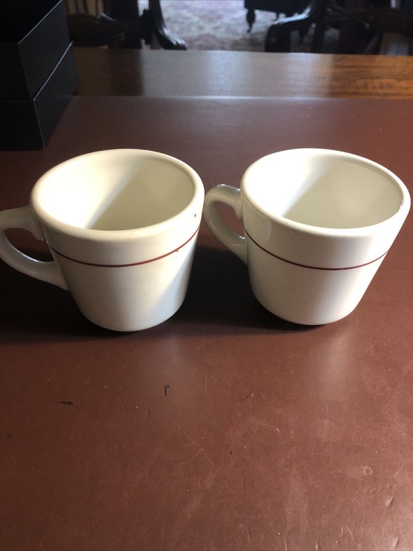 2 Vintage REGO Restaurant Ware Coffee Cups E652-16T, N, White With Maroon Band