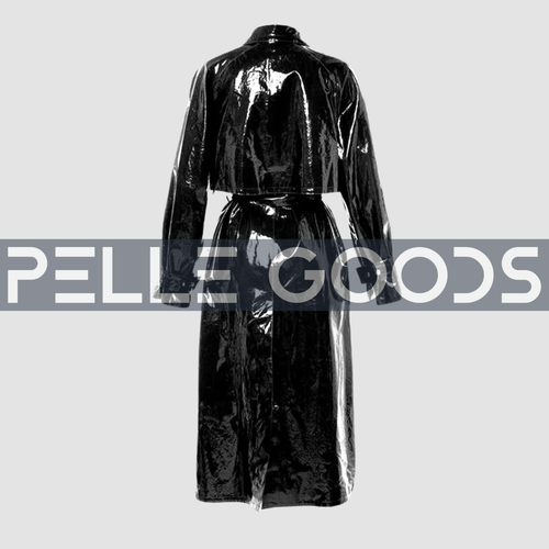 Langer schwarzer Damenmantel aus PVC-Vinyl - glänzender Trenchcoat mit Gürtel stilvolle Oberbekleidung - Bild 2 von 3