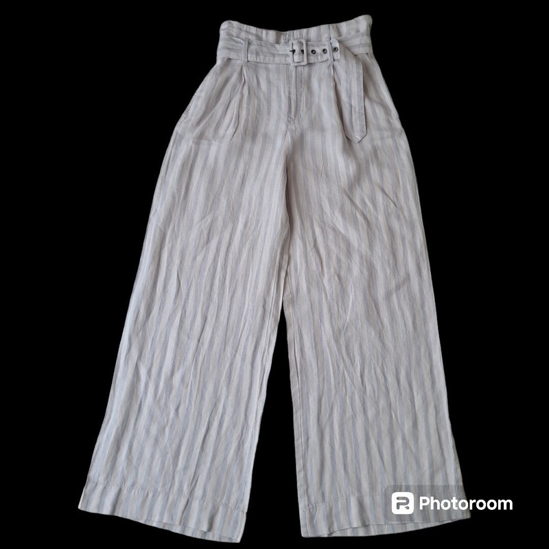 Rachel Zoe 100% Linen High Paperbag Waist Wide Leg Striped Pants Trousers Size 6