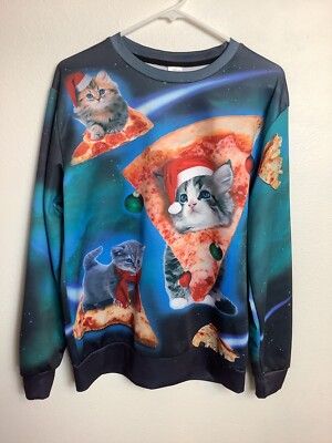 Unisex Ugly Sweatshirt Christmas Sweater Cats and Pizza Size M