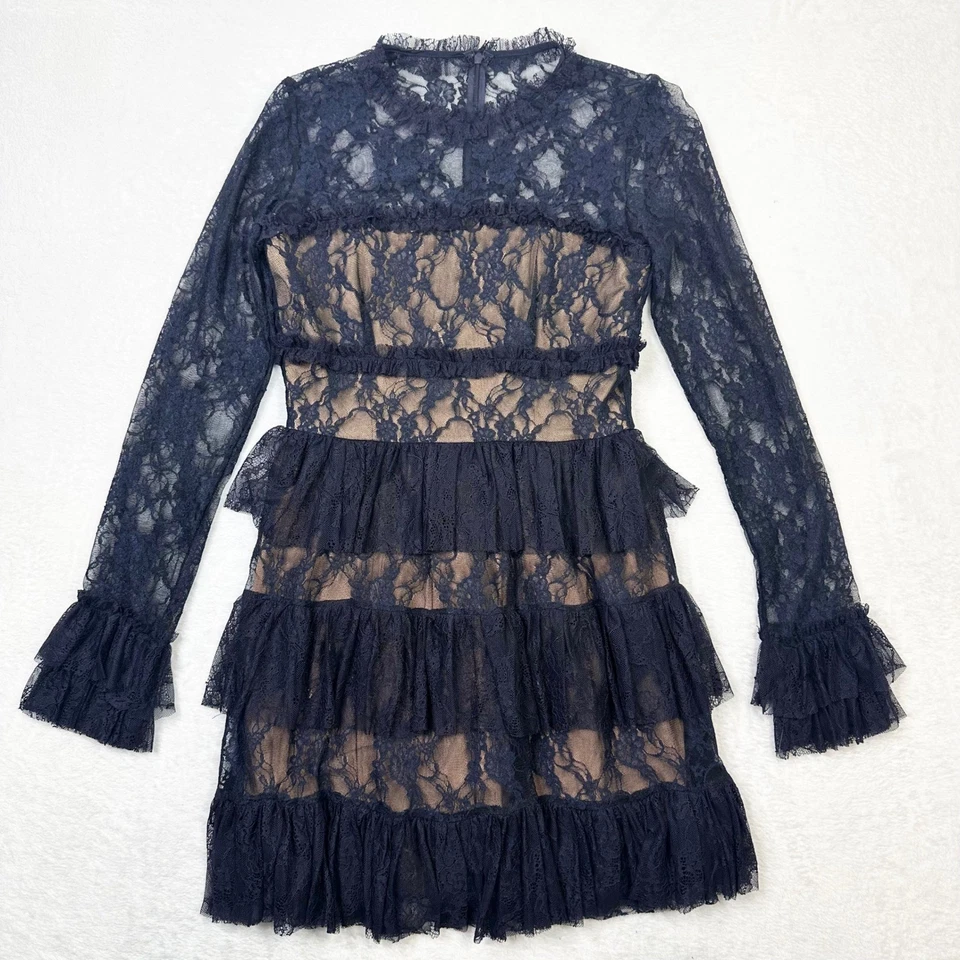Bailey 44 кружева платье женщин 8 темно-синий ярусный оборки длинным рукавом мини вечеринки Anthro - Изображение 2 из 4