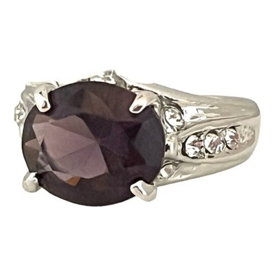 Vintage 1980s Cocktail Ring Purple Glass Rhinestone Silver Tone - 5K