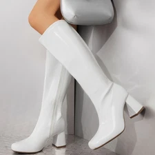 Women Gogo Boots Square Toe Low Chunky Block Heel Side Zipper Knee High Boots