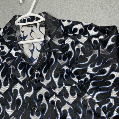 Vintage ODO Metallic Flame Bowling Shirt Men Medium Rayon Y2K 90s Hot Topic