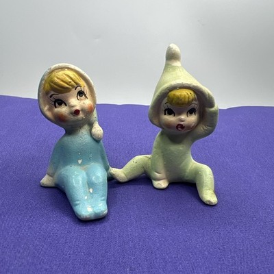 Pair Vintage Taiwan Ceramic Shelf Sitting Green Pixie Elves Blue Blonde MCM 2.5 