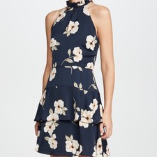 BB Dakota Gardenia Party Dress 4 Floral Blue Cream Ruffle Mini Tiered Sheath New