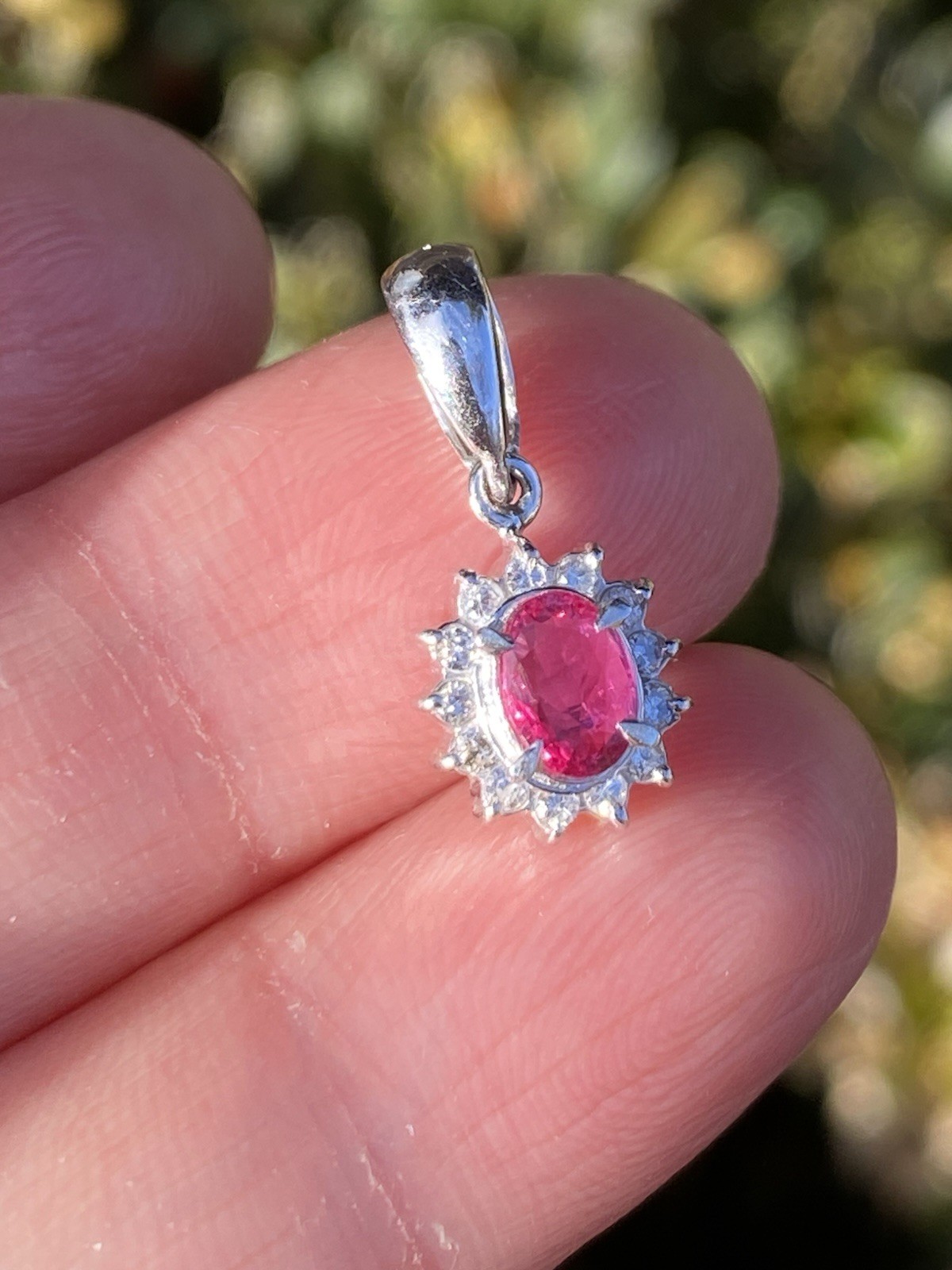 Solid Platinum Natural Ruby And Diamond Halo Pend… - image 2