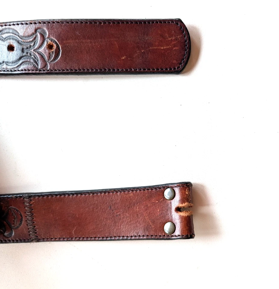 Leegin Indian Head Buffalo Nickel Tooled Brown Leather Belt Size 42 - Image 3 of 4