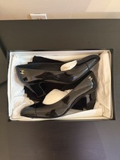 CHANEL Coco Mark 23A Black Patent Block Heel Pumps Size 38.5