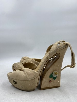 Charlotte Olympia Beige Canvas Vreeland Embellished Platform Sandals W 9.5
