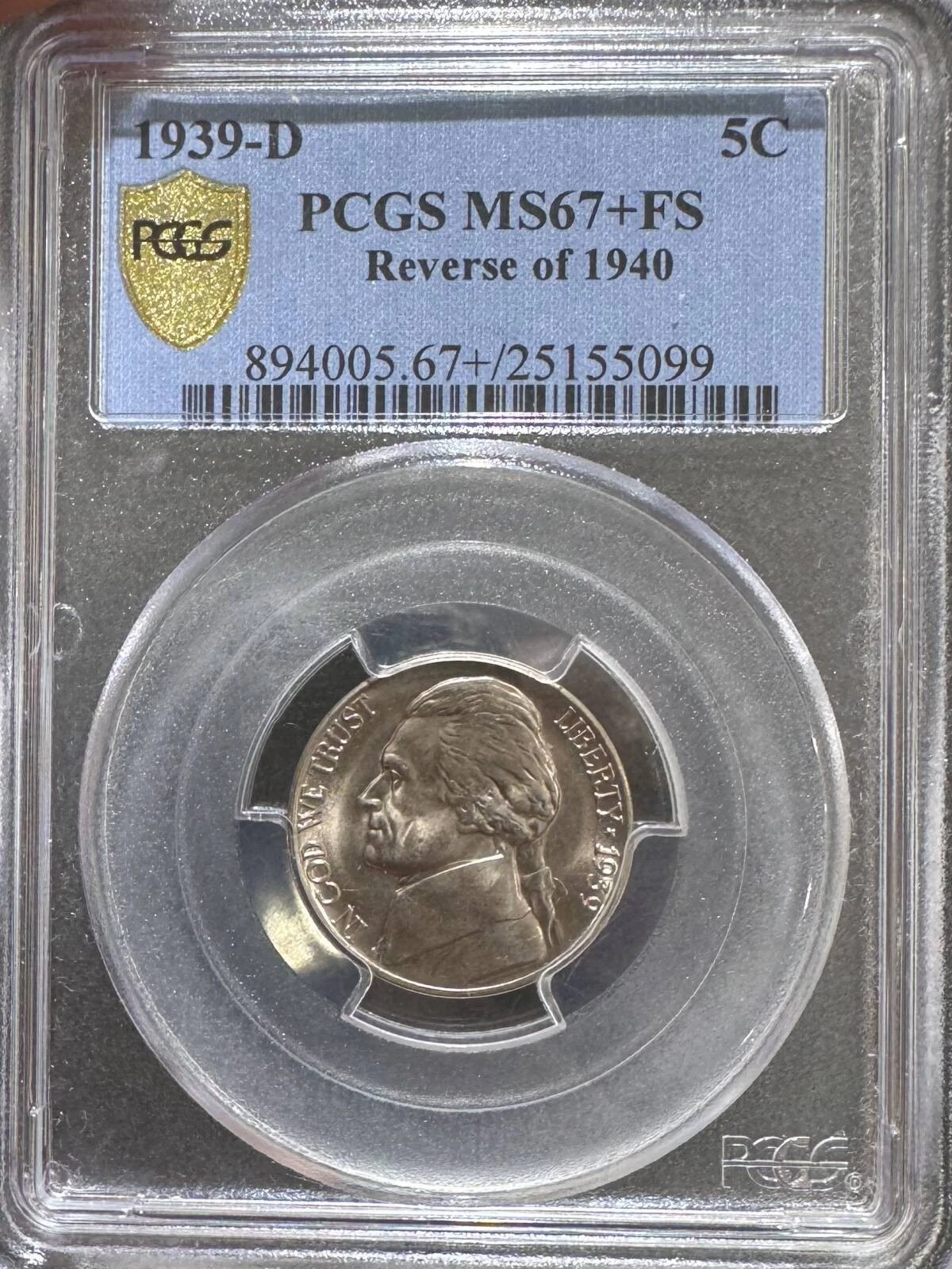 1939 D Jefferson Nickel PCGS MS-67+ FS Reverse of 1940