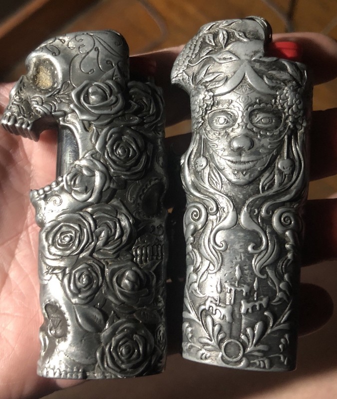 Lot Of 2 Silver Heavy Duty Bic Lighter Cases Sugar Skull & Skeleton W/ Roses