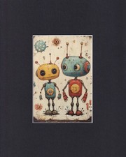 8X10" Matted Print Art Picture: Vintage-Looking Toy Robots: Alien Robots