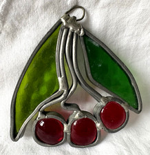 Vintage Stained Glass Sun Catcher CHERRIES Fruit Bohemian Cottagecore