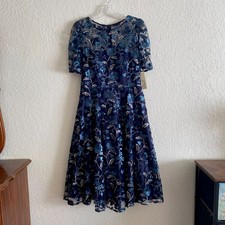 New Eliza J Dress 10 Navy Sequin Floral Embroidery Illusion Fit & Flare Midi NWT
