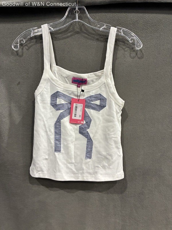 Edikted Women's White Tank Top Navy Ribbon Bow Gingham Cropped Sz XS NWT