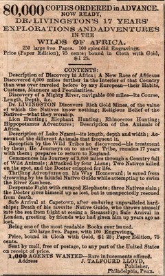 Dr Livingston's Explorations JT Lloyd Philadelphia PA 1857 Clipping TAJ5-H9