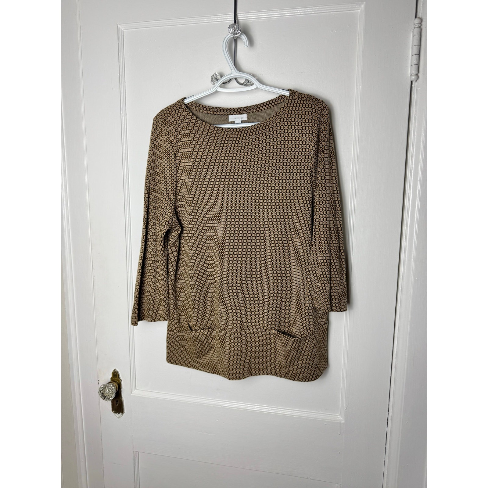 J. Jill Top Women's Medium Brown Geometric Ponte Tunic 3/4 Sleeves Pocket Shirt