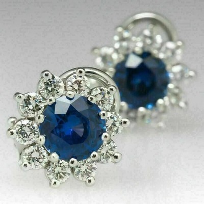 3ct Lab Created Sapphire Blue Round Wedding Earring 14K White Gold Plated