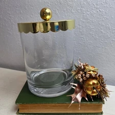 Clear Heavy Glass Jar Gold Scalloped Lid Ball Finial Storage Canister Cookie Jar