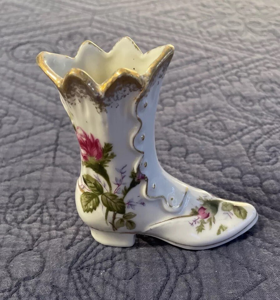 Vintage Porcelain Victorian Lady’s Boot Figurine Vase Floral Gold Rim Ruffle Top