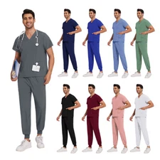 Stretch Medical Nursing Uniform Scrub Set Men V-Neck 3-Pocket-Top Jogger Pants
