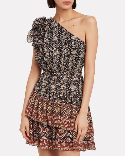 Ulla Johnson Kaia Ruffled One Shoulder Dress Size 6 Silk Metallic Batik Boho - Picture 2 of 13