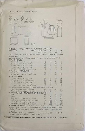 Vintage Advance Pattern P315 Fitted Dress with Detachable Over Skirt Bust 34 FF - Picture 2 of 4