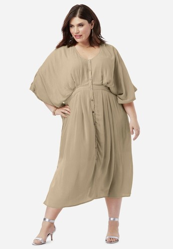 Roamans Crinkle Button Front Dress w/ Kimono Sleeve Sandy Womens Plus Size 20W