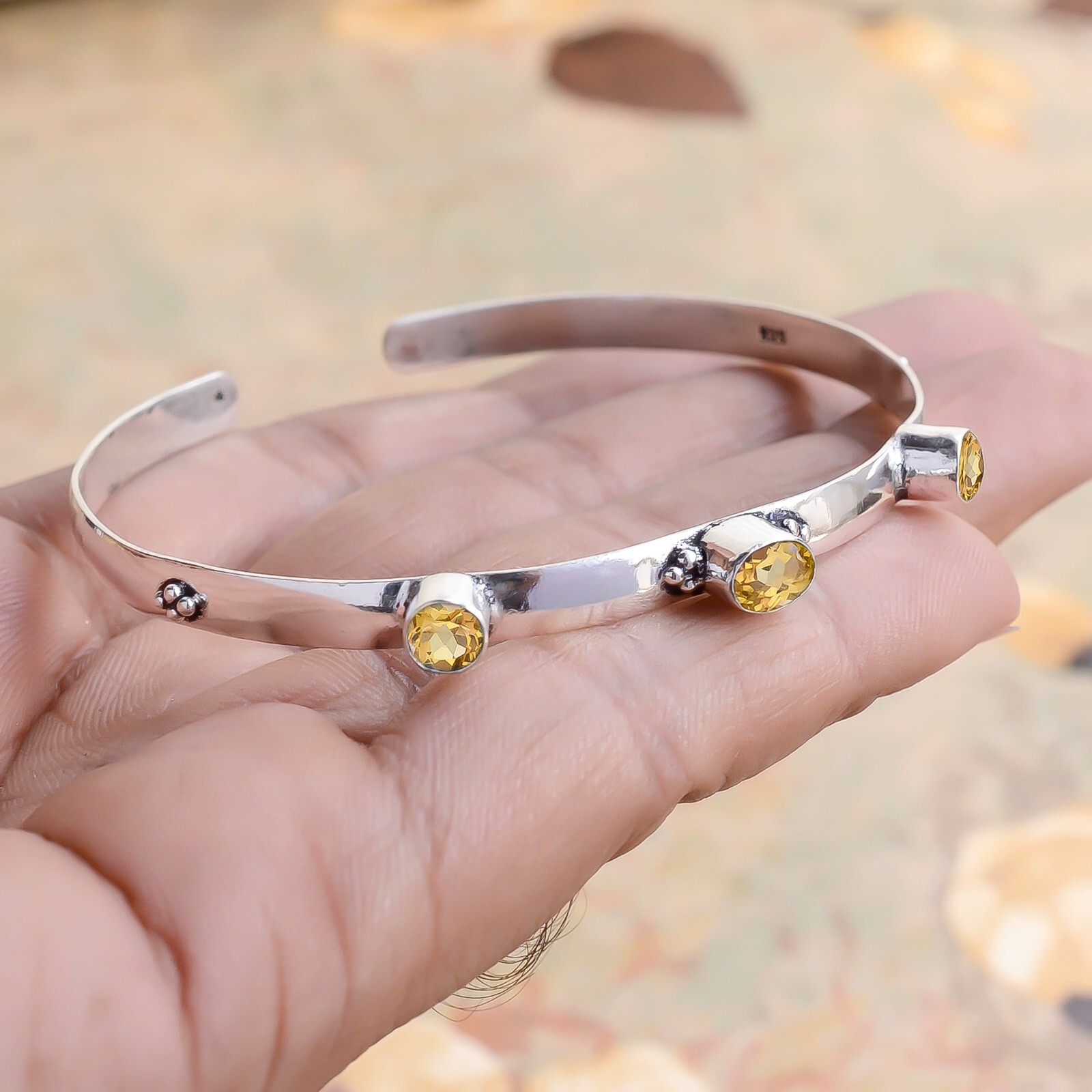 Handmade Citrine Gemstone Bracelet in 925 Sterling Silver Cuff-image