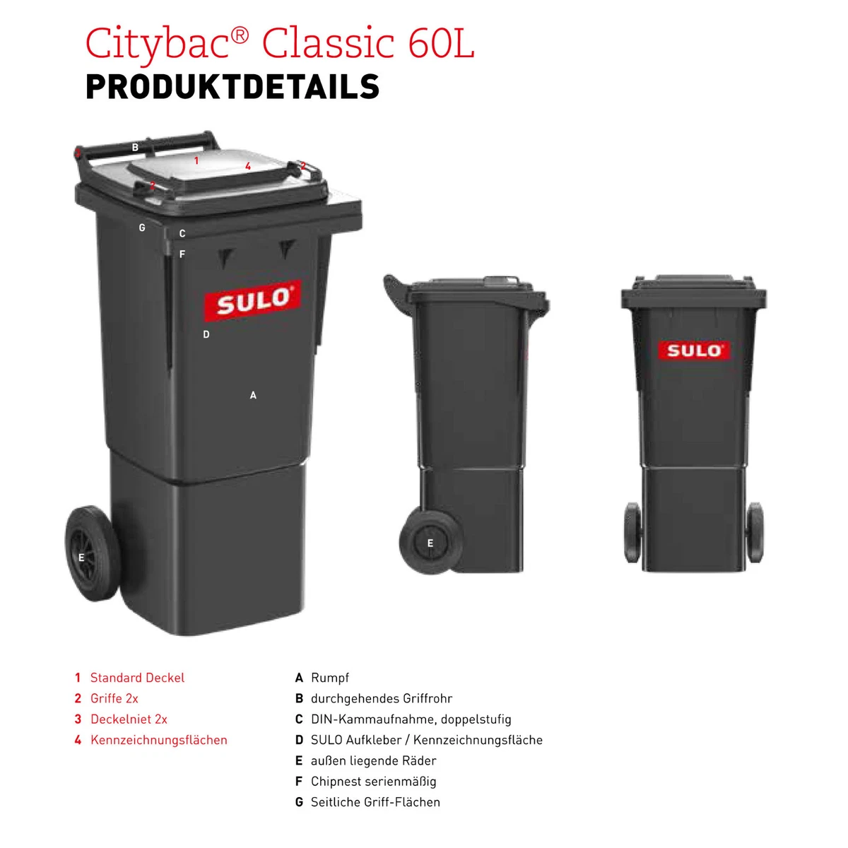 SULO Mülltonne 80 Liter Grau Mit Rotem Deckel - 2-Rad Müllbehälter