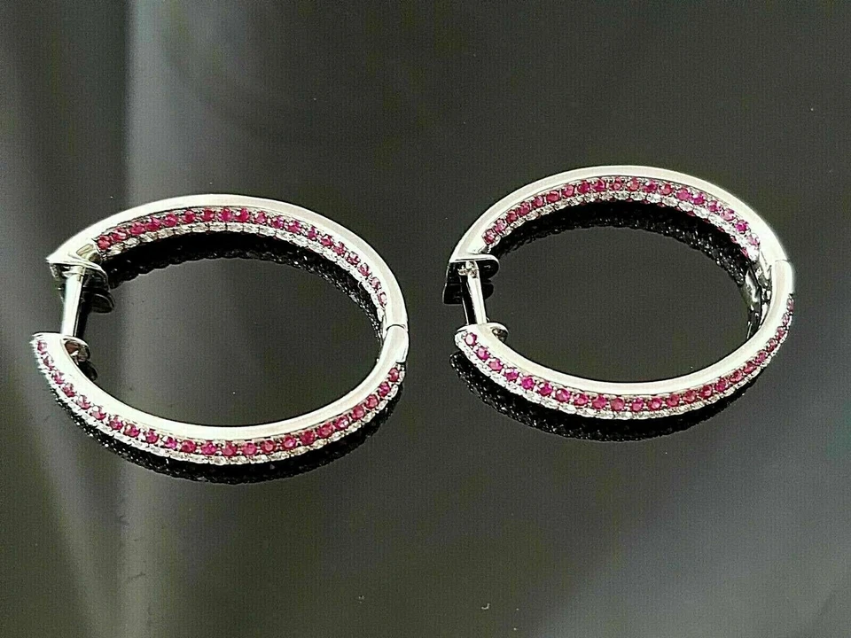 2.00Ct Round Cut Pink Sapphire Women's Huggie Hoop Earring 14k White Gold Finish - Image 3 of 4