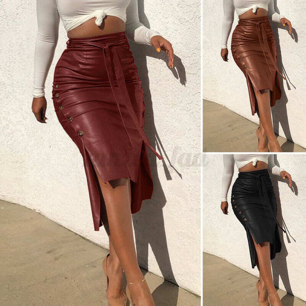 Plus Size Womens High Waist Skirts Faux Leather Skirt Solid Party Bodycon  Dress