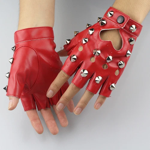 Women Faux Leather Fingerless Gloves Gothic Half Finger Stud Rivet Punk Gloves-- - Picture 7 of 29